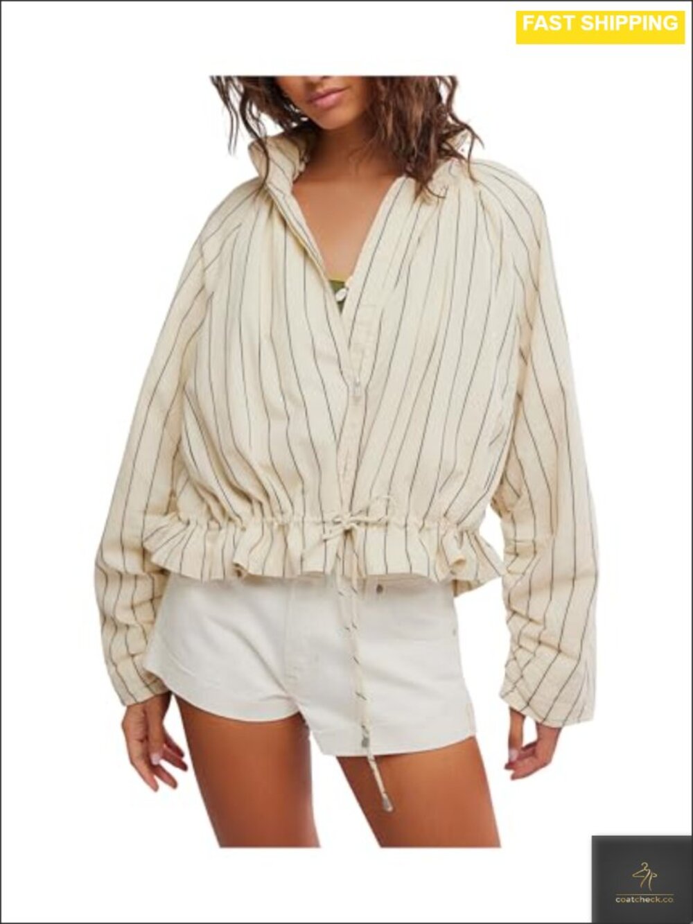 Cotton Striped Balloon Sleeve Jacket Pull On Lightweight